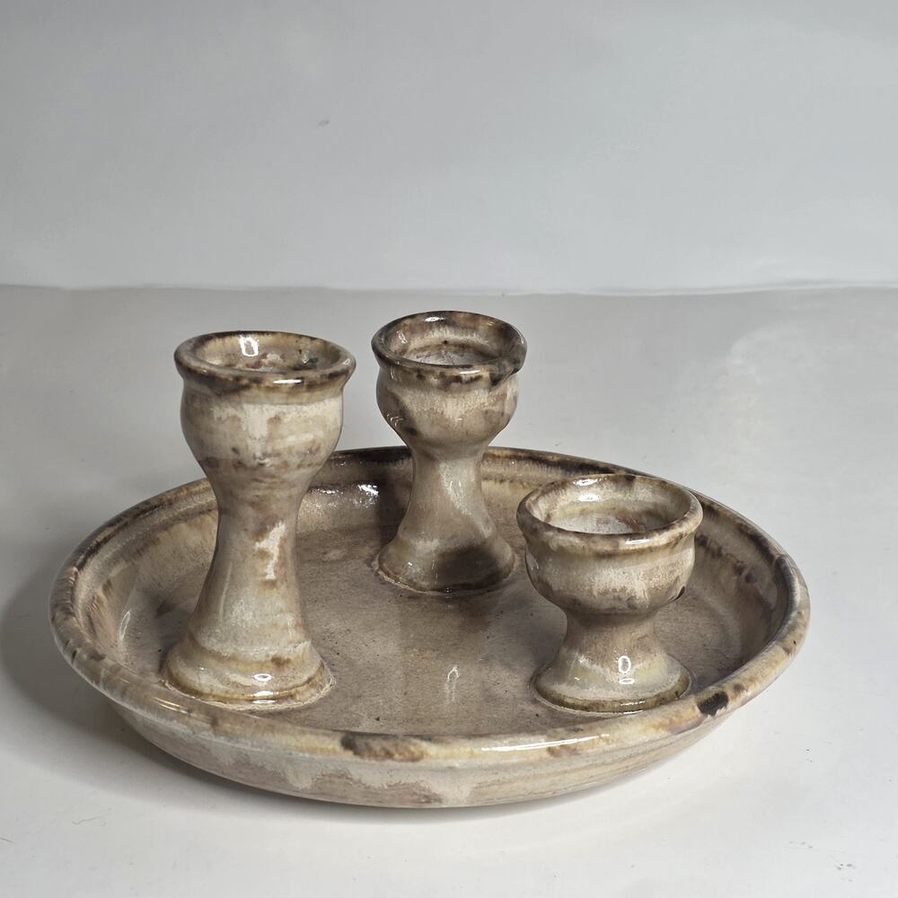 Studio Pottery 3 PIPE HOLE Candle Holder Plate lipped Edge 7.5" wide Excel Con